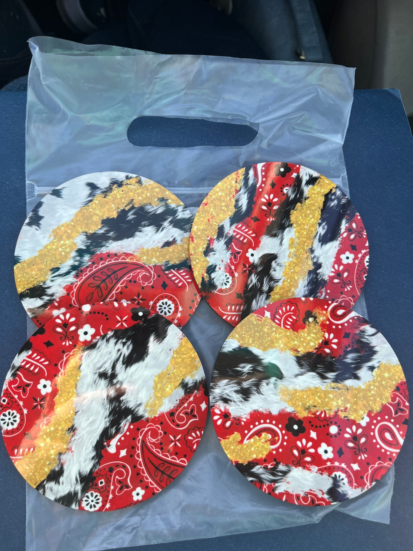 COASTERS: 4 pack of Circle Cow and Red Band