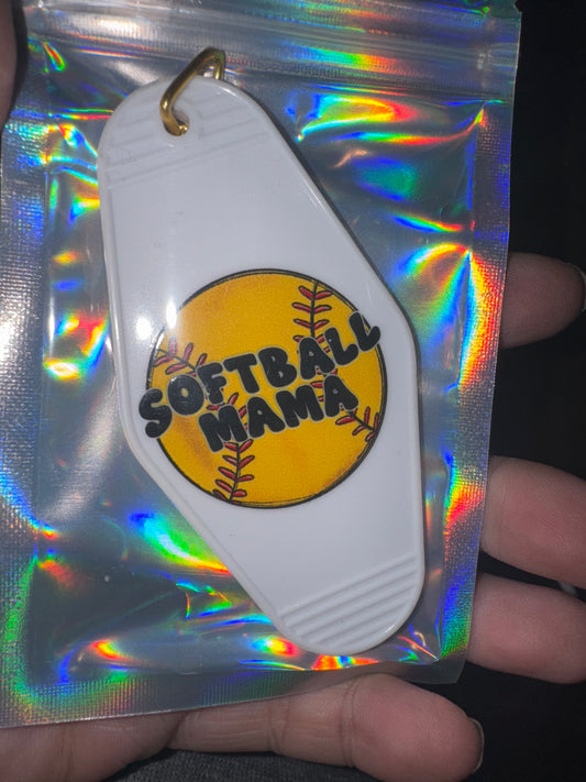 MOTEL KEYCHAIN: Softball Mama on white