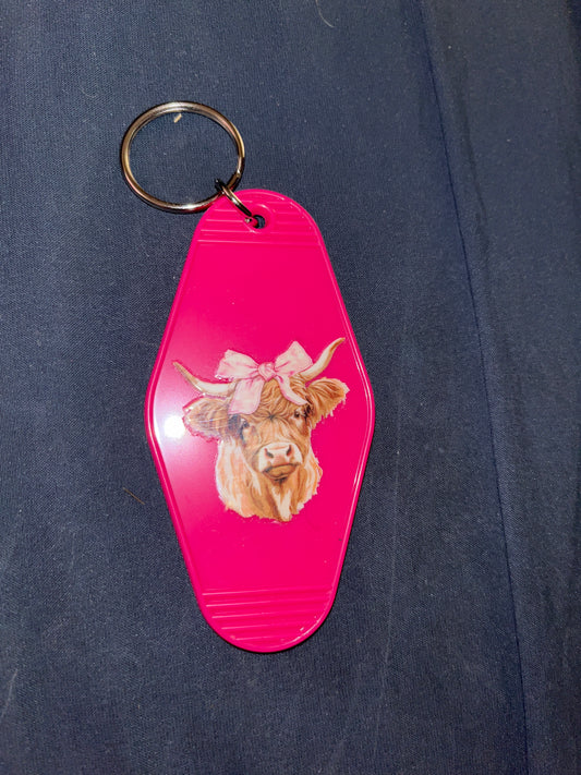 MOTEL KEYCHAIN: Pink Cow on Hot Pink