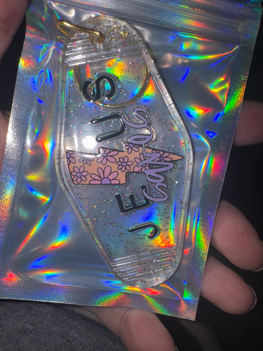 MOTEL KEYCHAIN: Jesus Saves on Glitter Clear