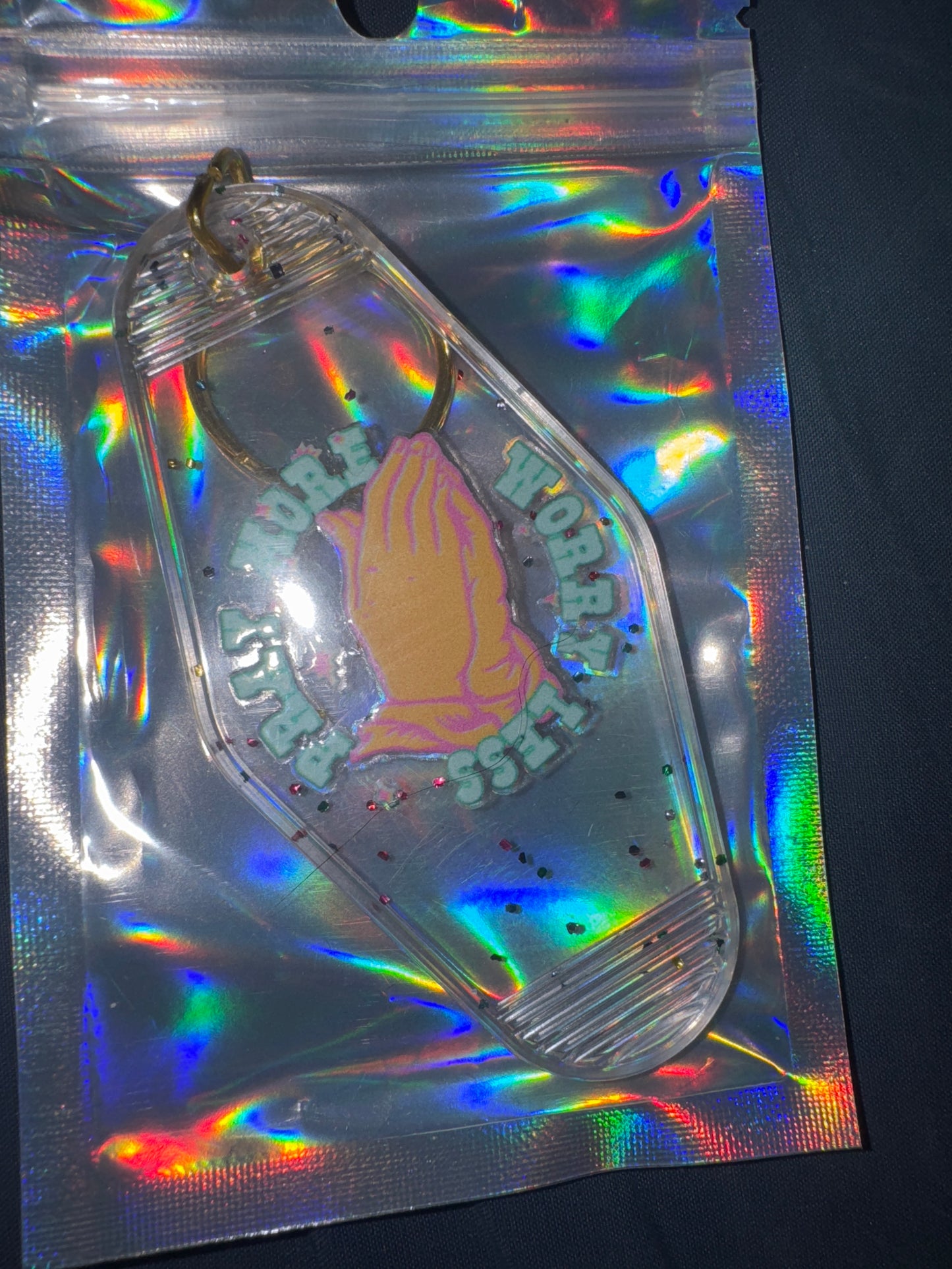 MOTEL KEYCHAIN: Pray More Worry Less on Glitter Clear