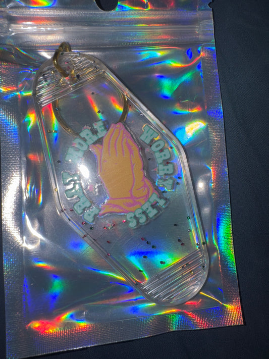 MOTEL KEYCHAIN: Pray More Worry Less on Glitter Clear