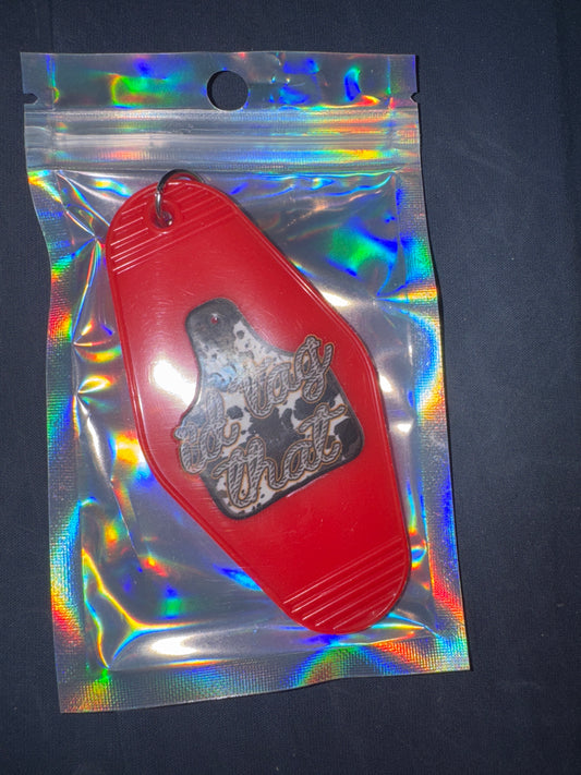 MOTEL KEYCHAIN: Cow Tag on Red