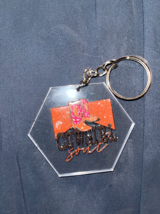 KEYCHAIN: Cowgirl Soul on hexagon