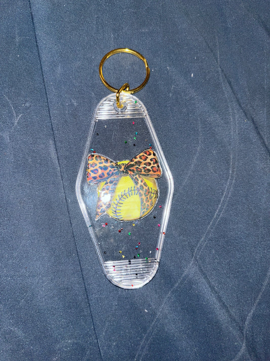 MOTEL KEYCHAIN: softball bow on clear glitter