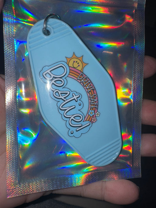 MOTEL KEYCHAIN: Drive Safe Besties on Light Blue