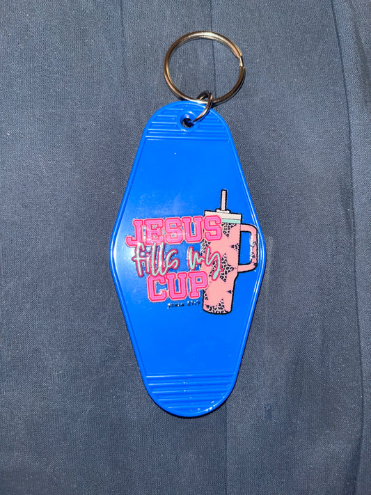 MOTEL KEYCHAIN: Jesus Fills my Cup on Blue
