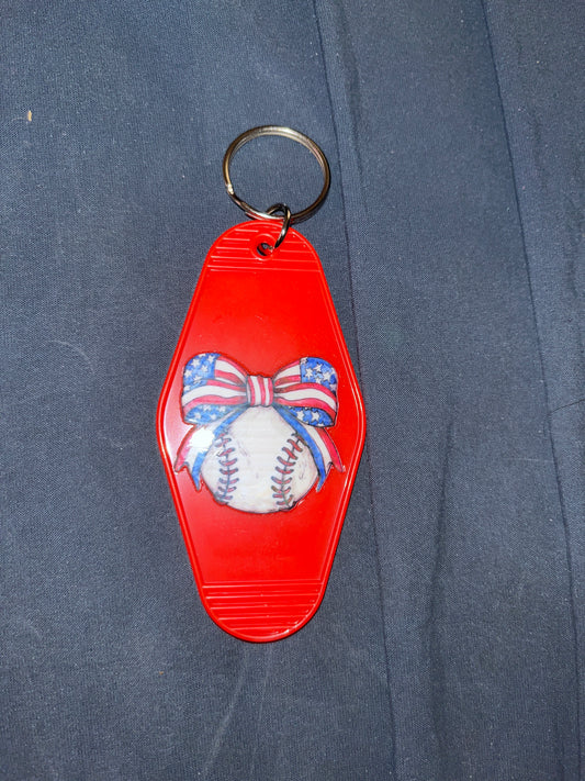 MOTEL KEYCHAIN: Baseball Bow on Red